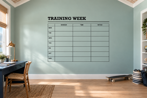Vinyl wall decal: “Training Week” table grid for Mon–Sun, session, time, notes.