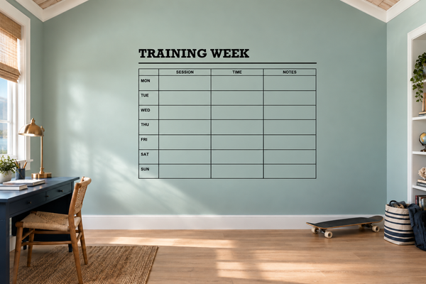 Vinyl wall decal: “Training Week” table grid for Mon–Sun, session, time, notes.