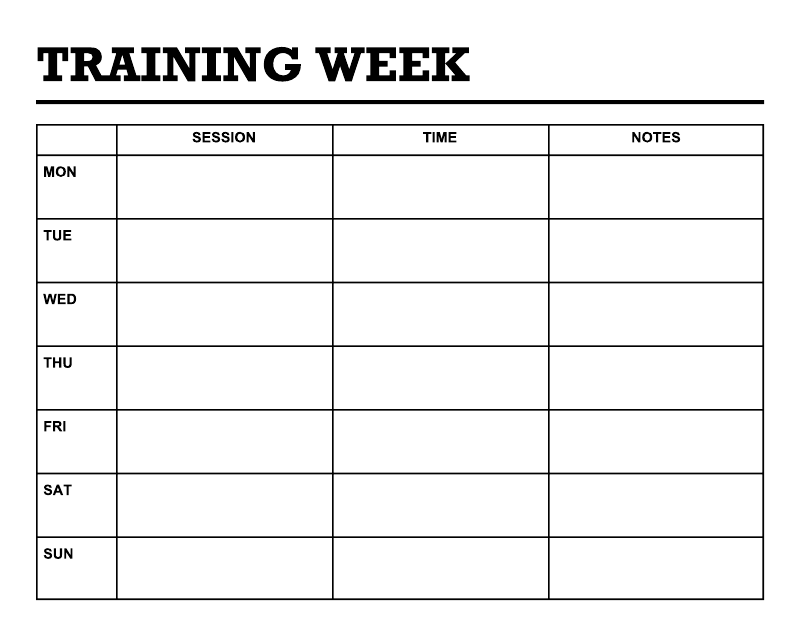 Vinyl wall decal close-up showing “Training Week” grid with Mon–Sun and session/time/notes.