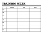 Vinyl wall decal close-up showing “Training Week” grid with Mon–Sun and session/time/notes.