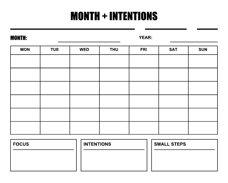 CalendarCX028 - Month and Intentions; preview rendered from the saved vector PDF