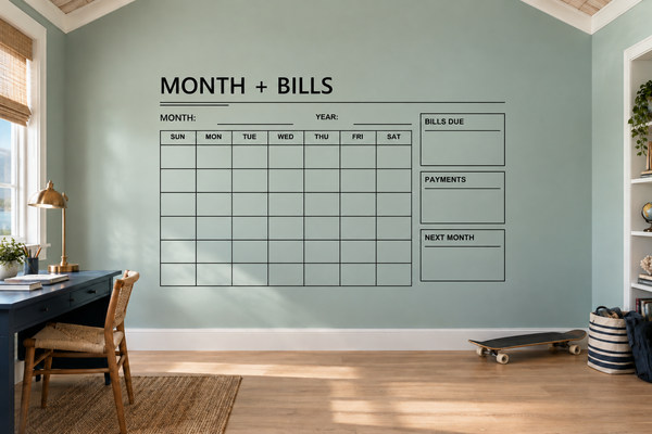 Vinyl wall decal template with MONTH + BILLS header and calendar grid plus bill sections.