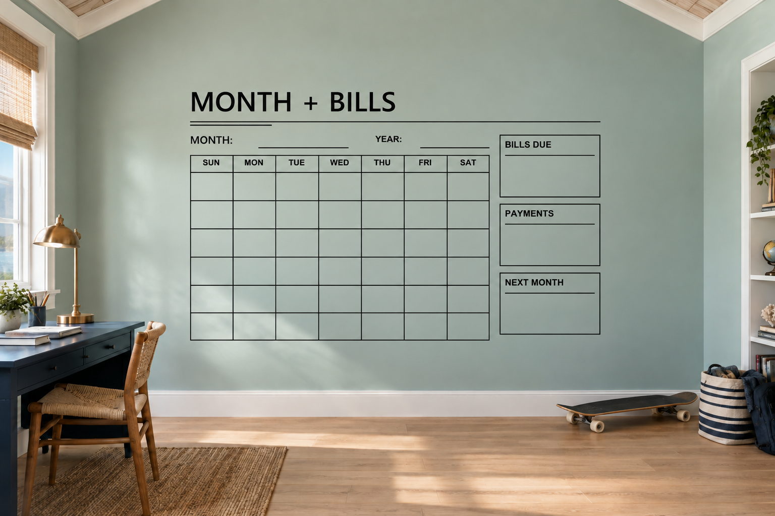 Vinyl wall decal template with MONTH + BILLS header and calendar grid plus bill sections.