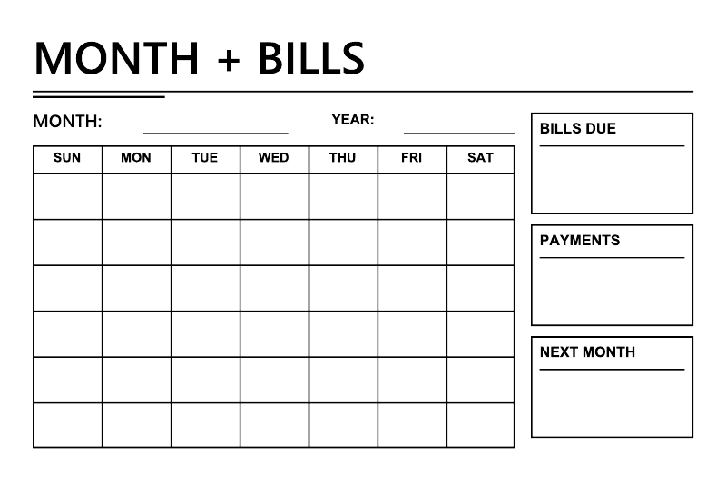 Vinyl decal calendar layout with MONTH + BILLS fields, grid, and blank bill boxes.