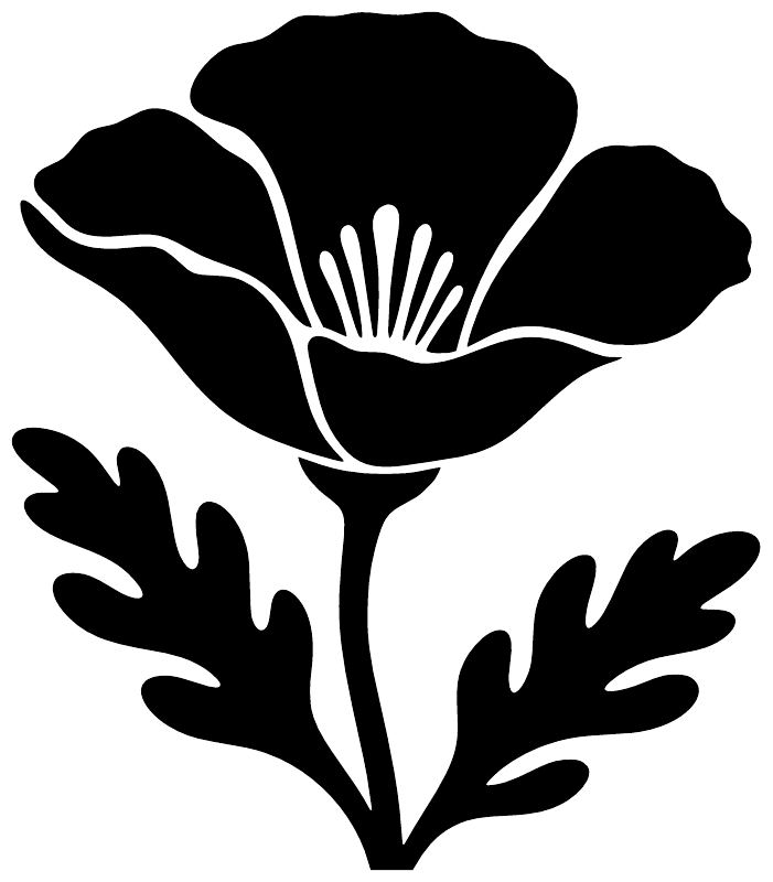 California poppy vinyl decal graphic, black flower and leaves on white background