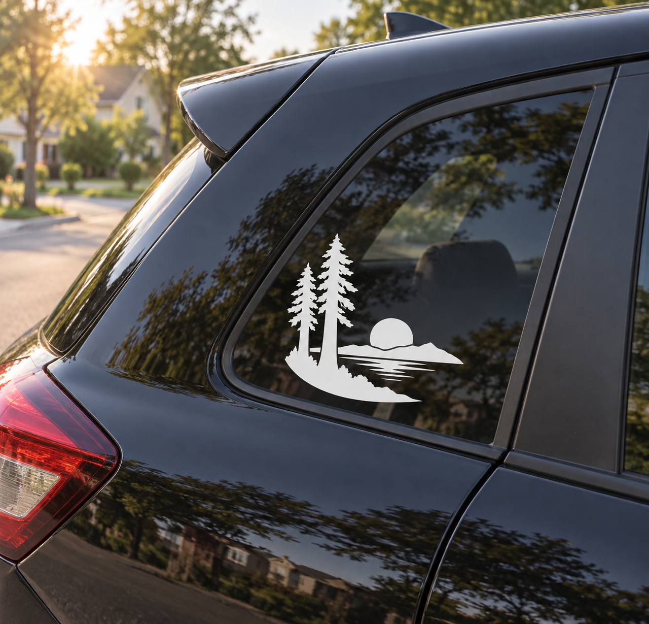California redwood sun vinyl decal for car window, black tree and sunset scene
