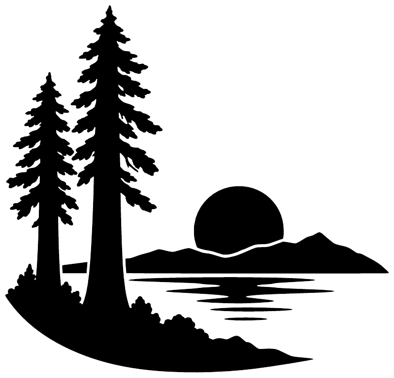 Black vinyl decal silhouette: two pine trees, round sun, and lake shoreline