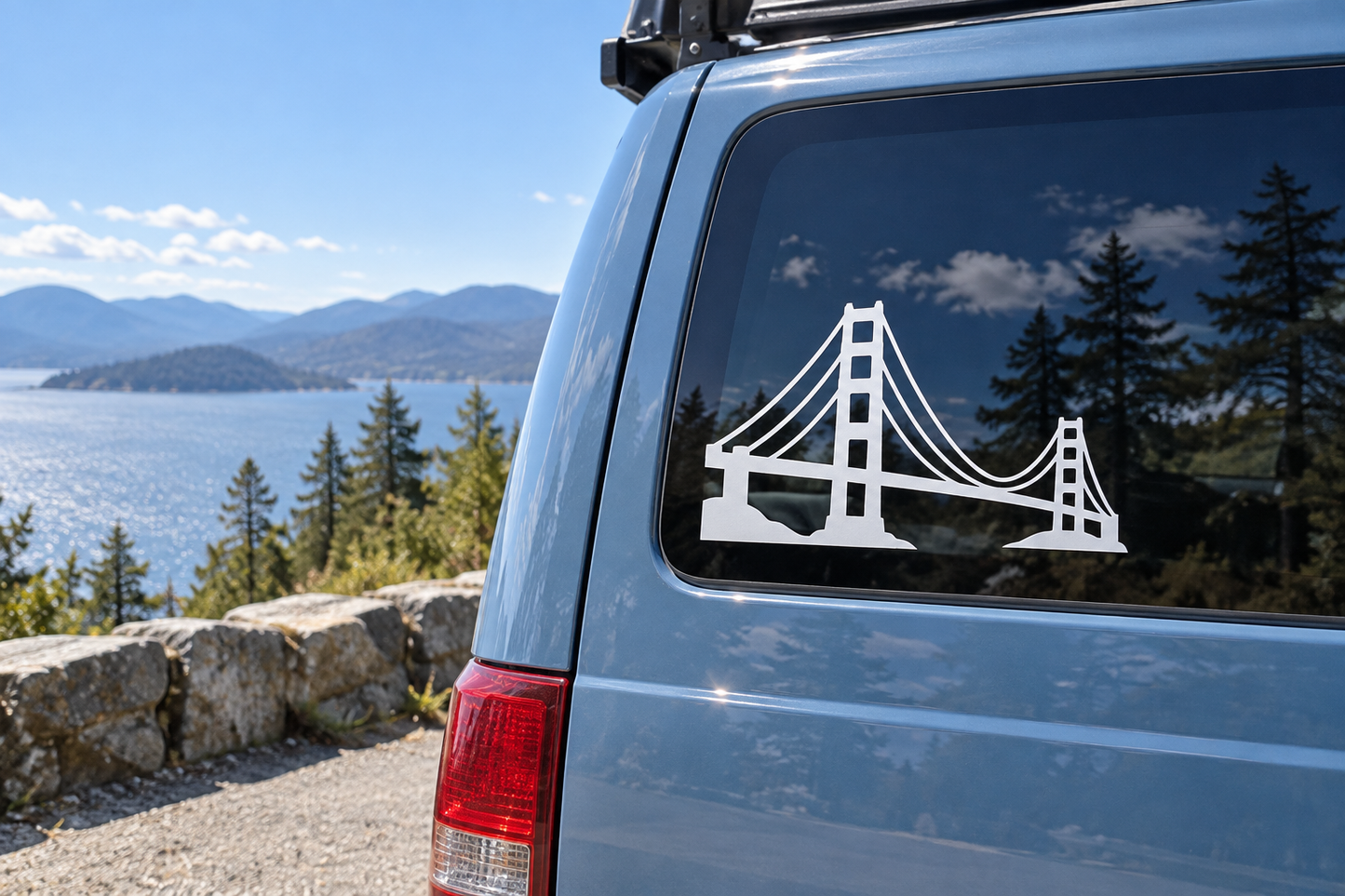 White Golden Gate silhouette vinyl decal on car window