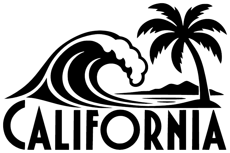 Palm tree and ocean wave vinyl decal with large black CALIFORNIA lettering