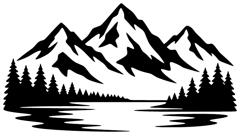 Black mountain and pine tree vinyl decal with lake reflections