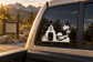 Black-and-white mission arch vinyl decal with bell tower, palm trees, and ocean silhouette