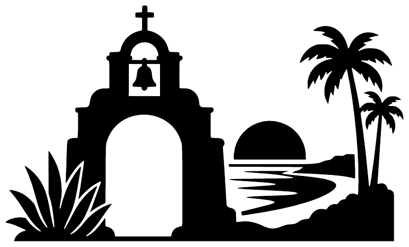 Black-and-white vinyl decal silhouette with mission bell tower, palms, waves, and shrubs