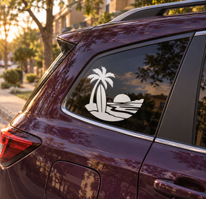 Surfboard vinyl decal on car window: black palm tree, surfboard, ocean waves