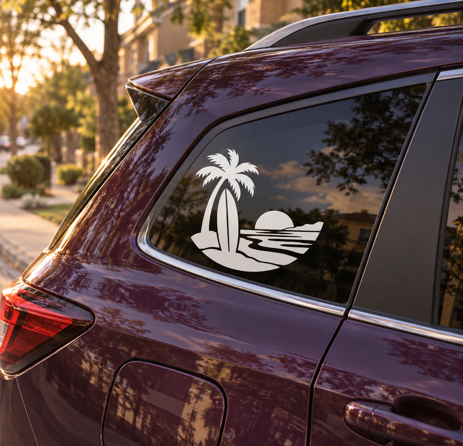 Surfboard vinyl decal on car window: black palm tree, surfboard, ocean waves
