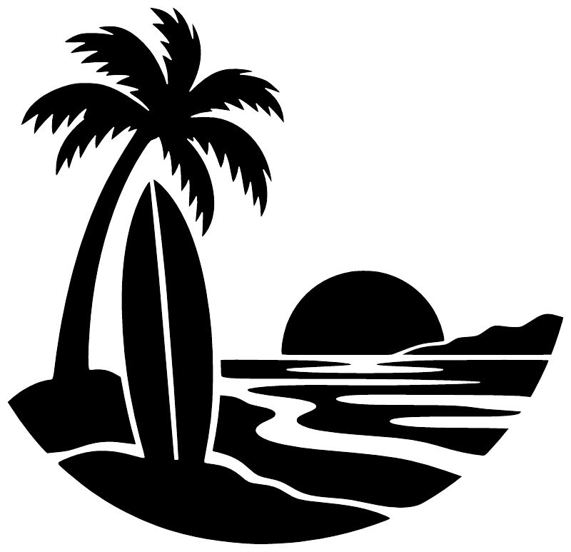 Surfboard vinyl decal graphic: black palm tree, sun, surfboard and ocean waves