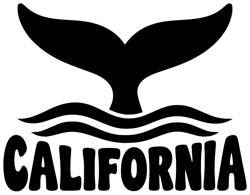 Black whale tail vinyl decal with wavy lines and “CALIFORNIA” lettering.