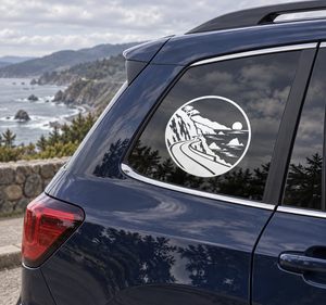 California coastal road vinyl decal, white circle with scenic black road and ocean scene