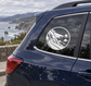 California coastal road vinyl decal, white circle with scenic black road and ocean scene