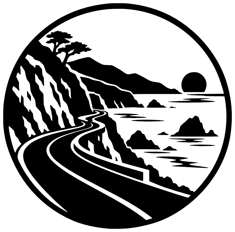 Circular black vinyl decal with coastal road, mountains, trees, and waves silhouette