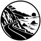 Circular black vinyl decal with coastal road, mountains, trees, and waves silhouette