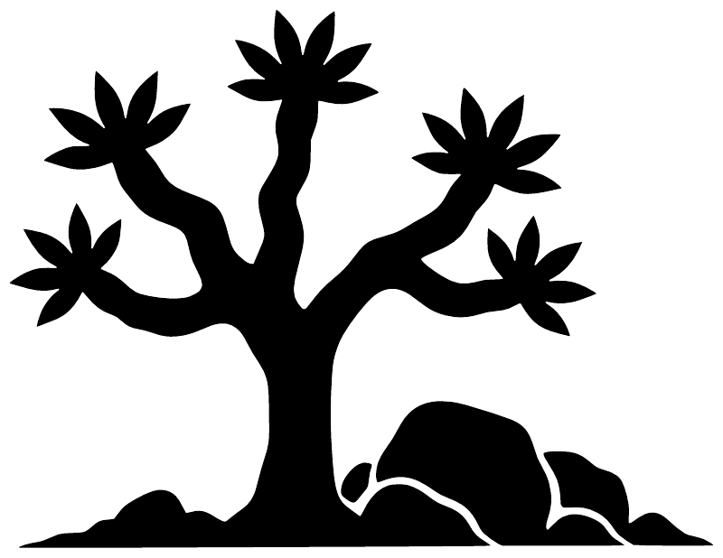Joshua tree vinyl decal, black tree silhouette with desert rocks on white background