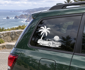 Vinyl car window decal with white palm tree and classic convertible car graphic