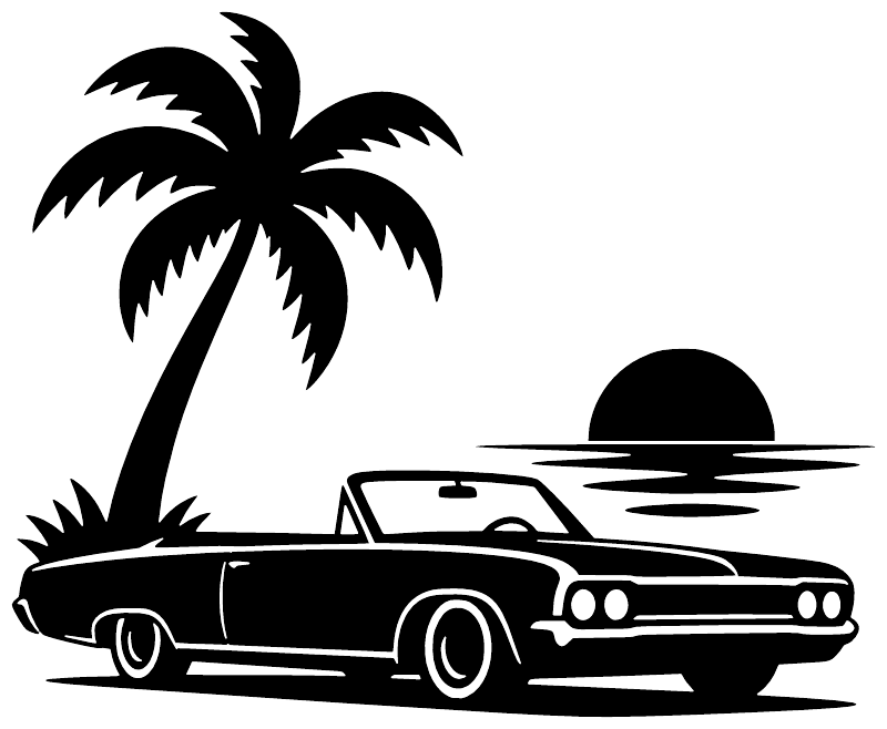 Black and white vinyl car decal with palm tree, sunset, and classic convertible