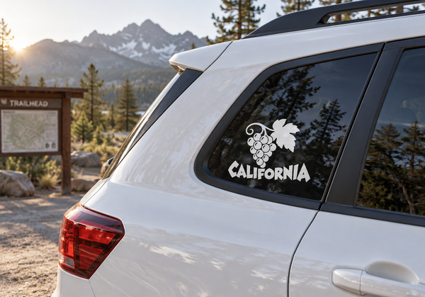 Car rear window vinyl decal: black grapes cluster with leaf and CALIFORNIA text