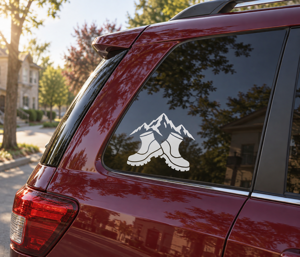 Vinyl decal of mountain peaks and hiking boots on a car window