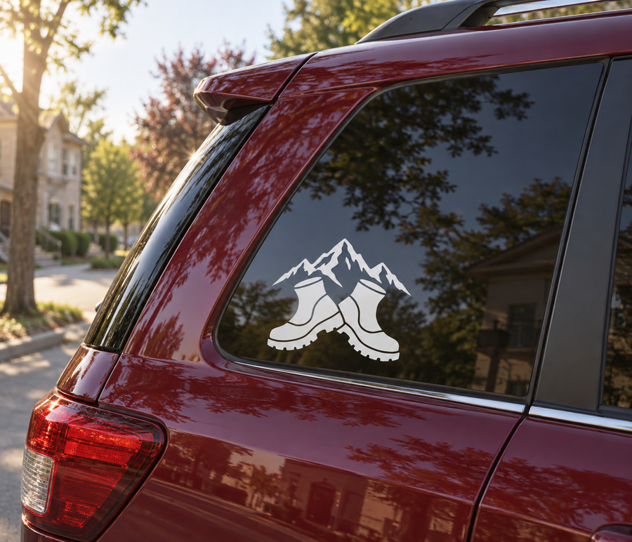 Vinyl decal of mountain peaks and hiking boots on a car window