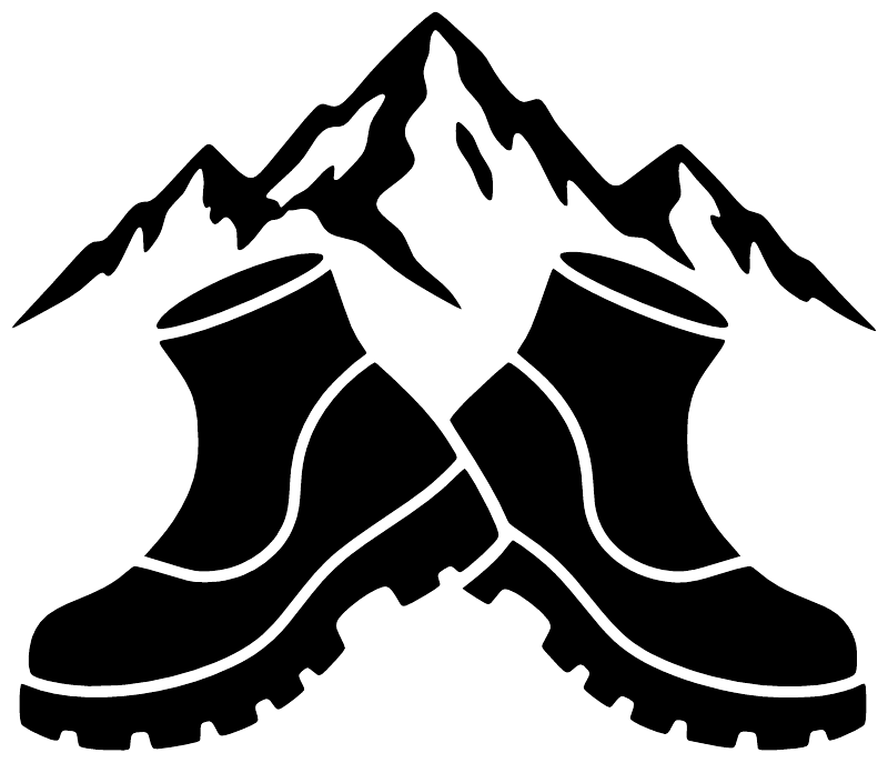 Hiking boots and mountain peaks vinyl decal, black and white