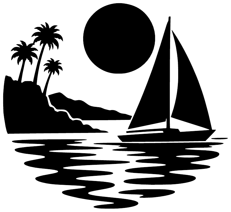 Black vinyl decal of moonlit sailboat with palm trees and rippling water waves
