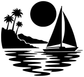 Black vinyl decal of moonlit sailboat with palm trees and rippling water waves