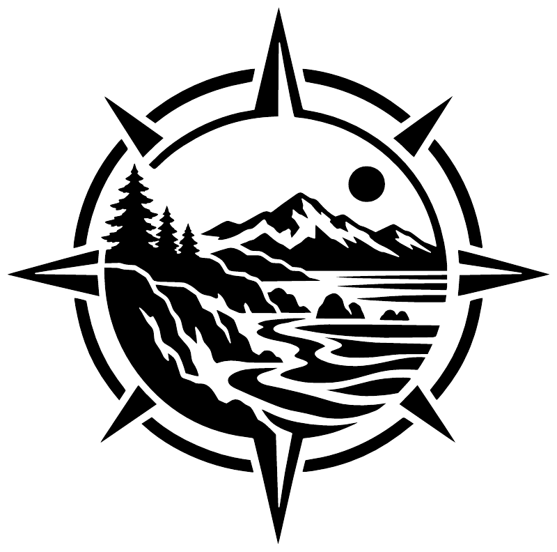 Compass vinyl decal logo with mountains, trees, ocean waves, and black circle
