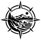 Compass vinyl decal logo with mountains, trees, ocean waves, and black circle