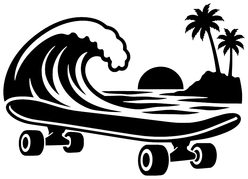 Black skateboard vinyl decal featuring a wave, palm trees, and a sun over sand
