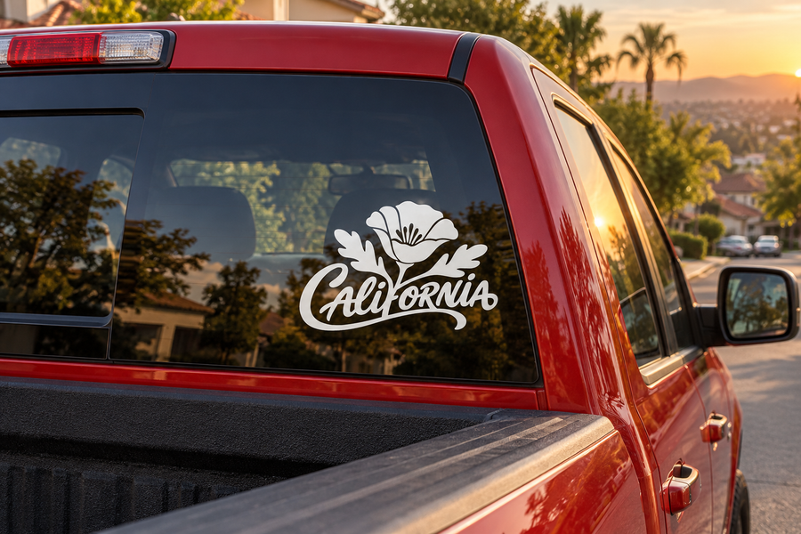 California lettering vinyl decal on car rear window, black and white