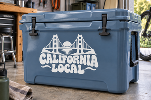 California Local Pride vinyl decal with black-and-white California bridge and text on cooler