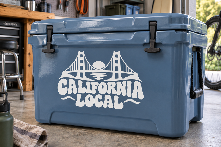 California Local Pride vinyl decal with black-and-white California bridge and text on cooler