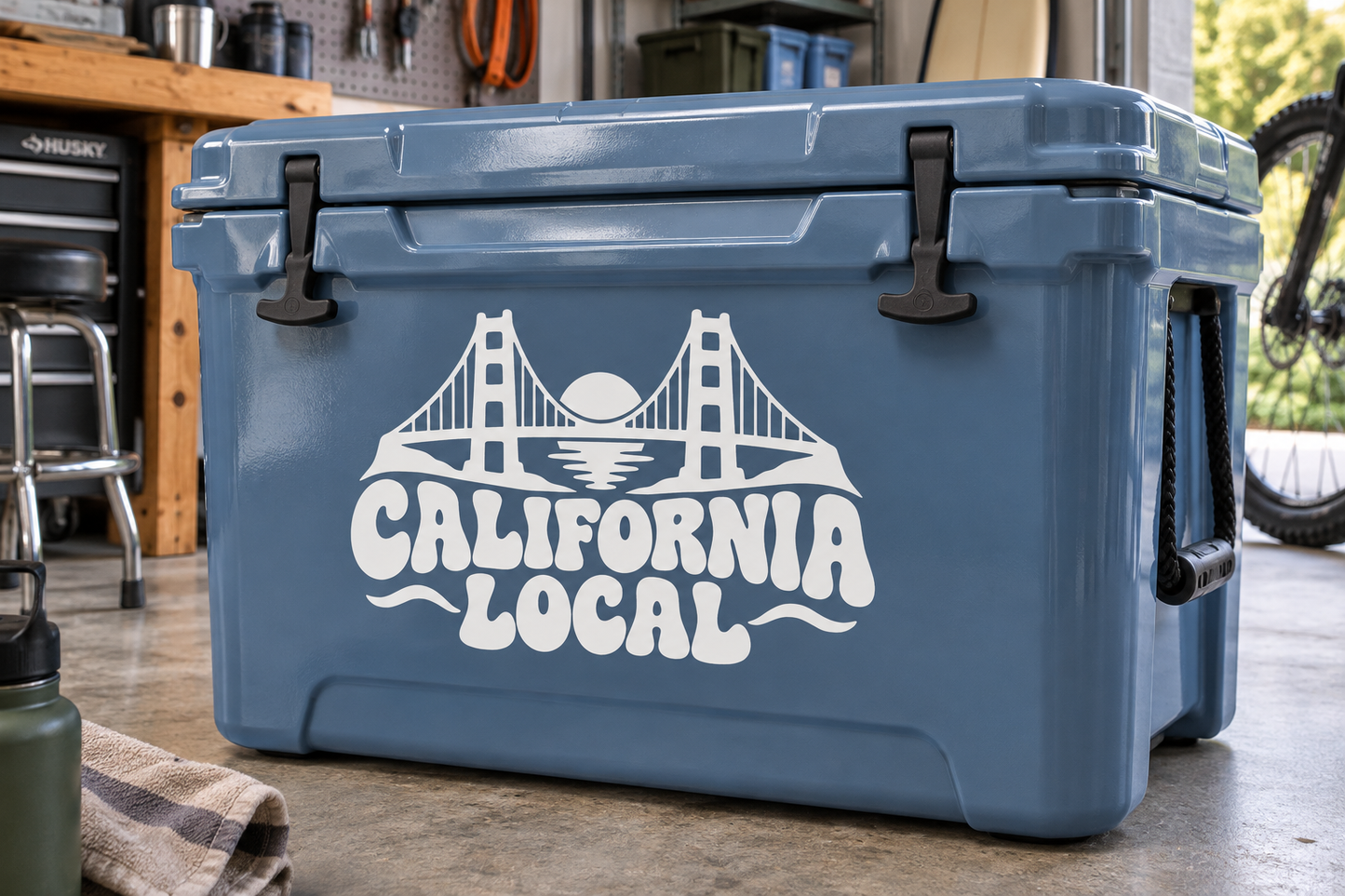 California Local Pride vinyl decal with black-and-white California bridge and text on cooler