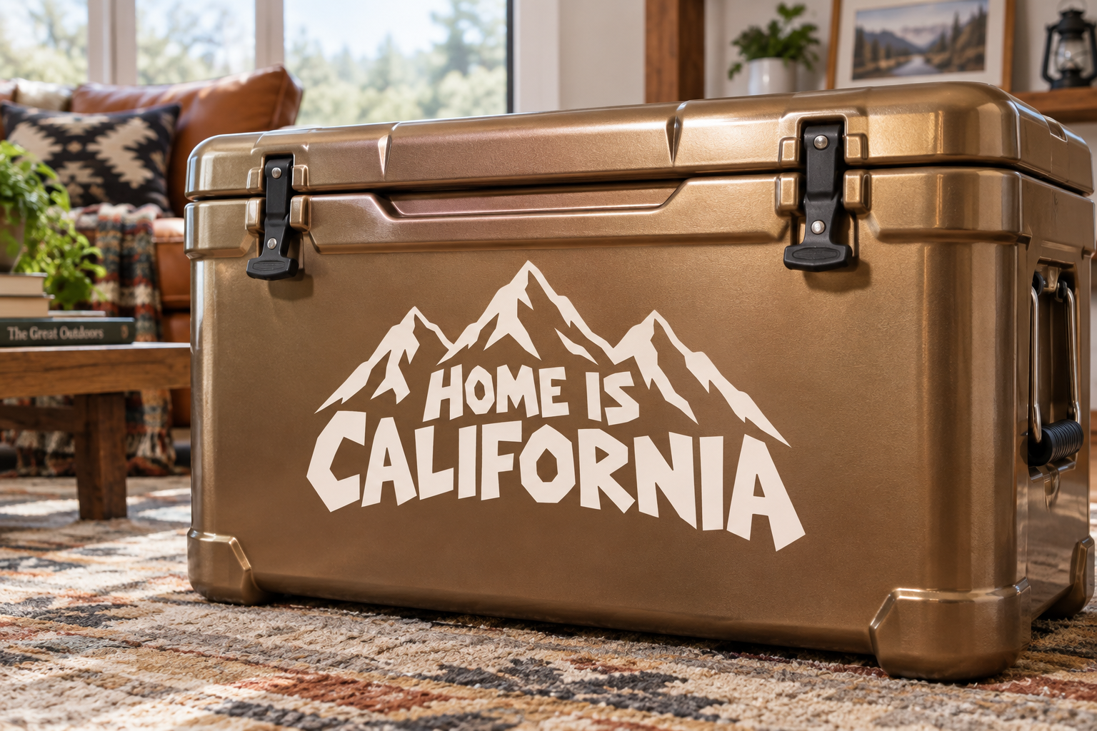 White vinyl decal with mountain graphic and 'Home is California' lettering
