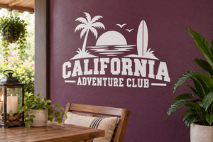 White vinyl decal with palm trees, surfboard, and “CALIFORNIA ADVENTURE CLUB” text