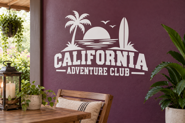 White vinyl decal with palm trees, surfboard, and “CALIFORNIA ADVENTURE CLUB” text