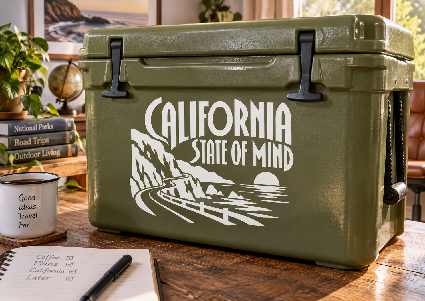 California State of Mind vinyl decal with California text and coastal landscape