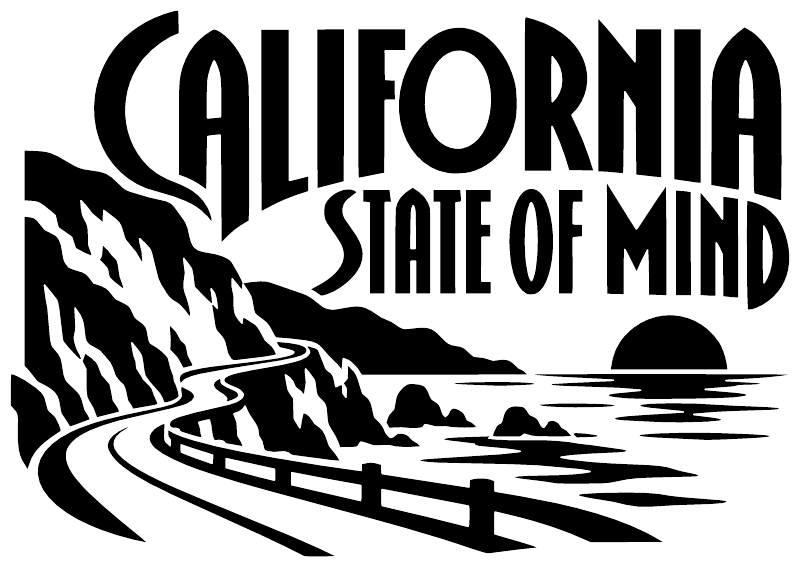 California vinyl decal reading California State of Mind with coast and road artwork