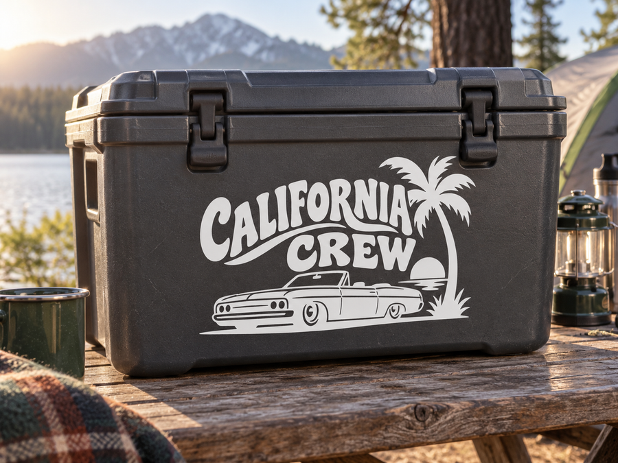 California Crew vinyl decal on dark cooler, palm tree and car graphic