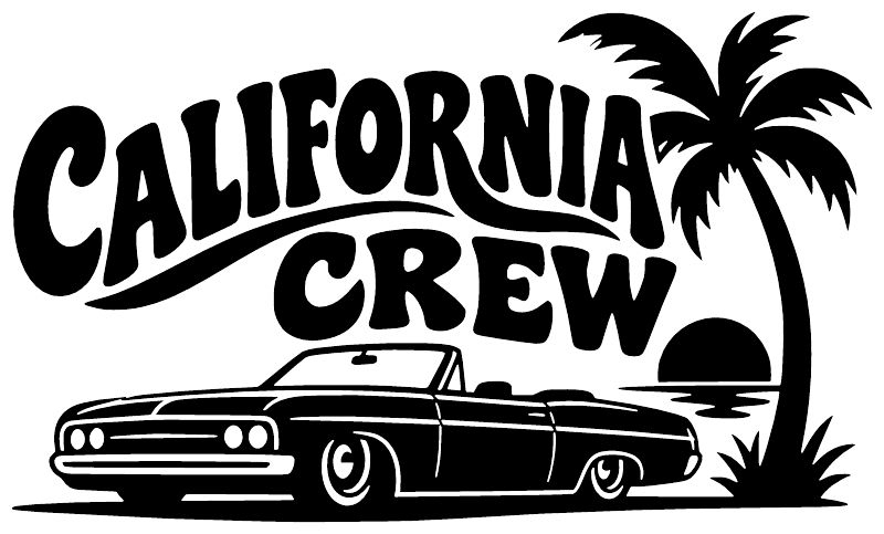 California Crew vinyl decal design with bold lettering, palm tree and car