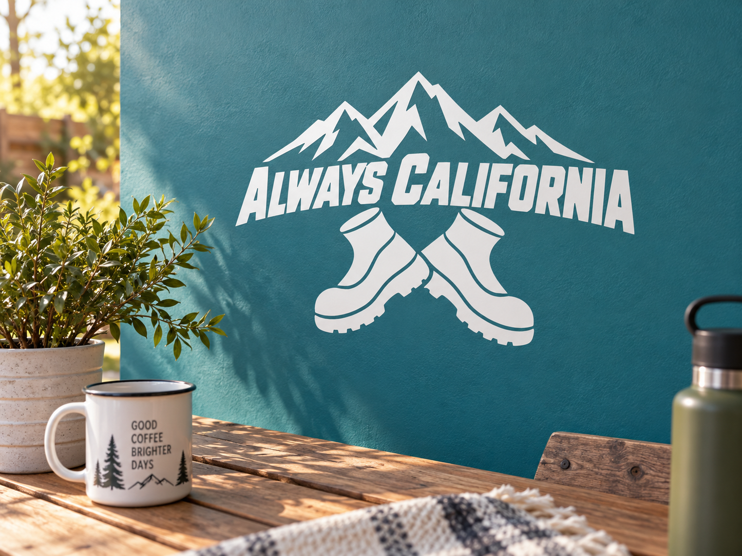 White vinyl decal featuring mountains, crossed boots, and 'Always California' text