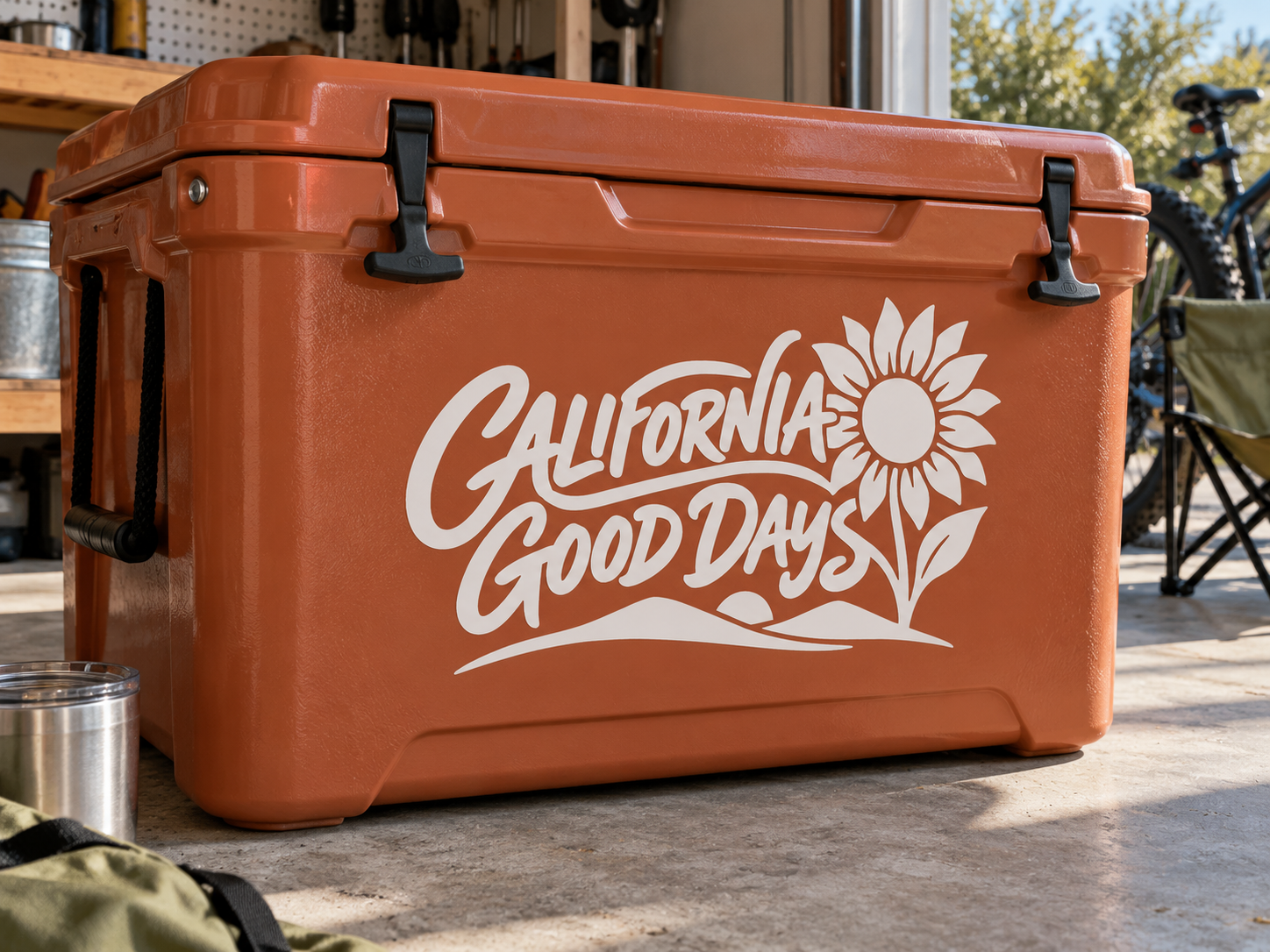 California Good Days vinyl decal with white script and sunflower on orange cooler