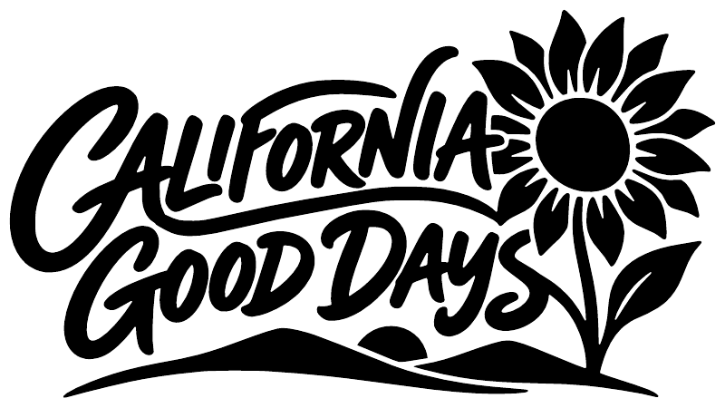 California Good Days vinyl decal in black with script text and sunflower